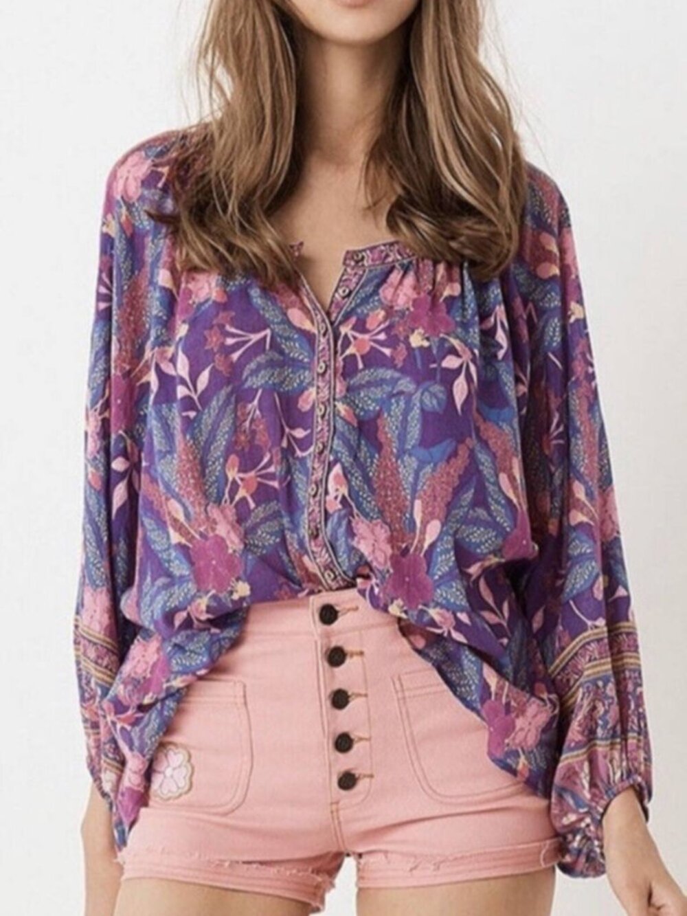 SPELL&THE GYPSY 100% Organic Cotto Purple Floral Button-Front Peasant Top Size S